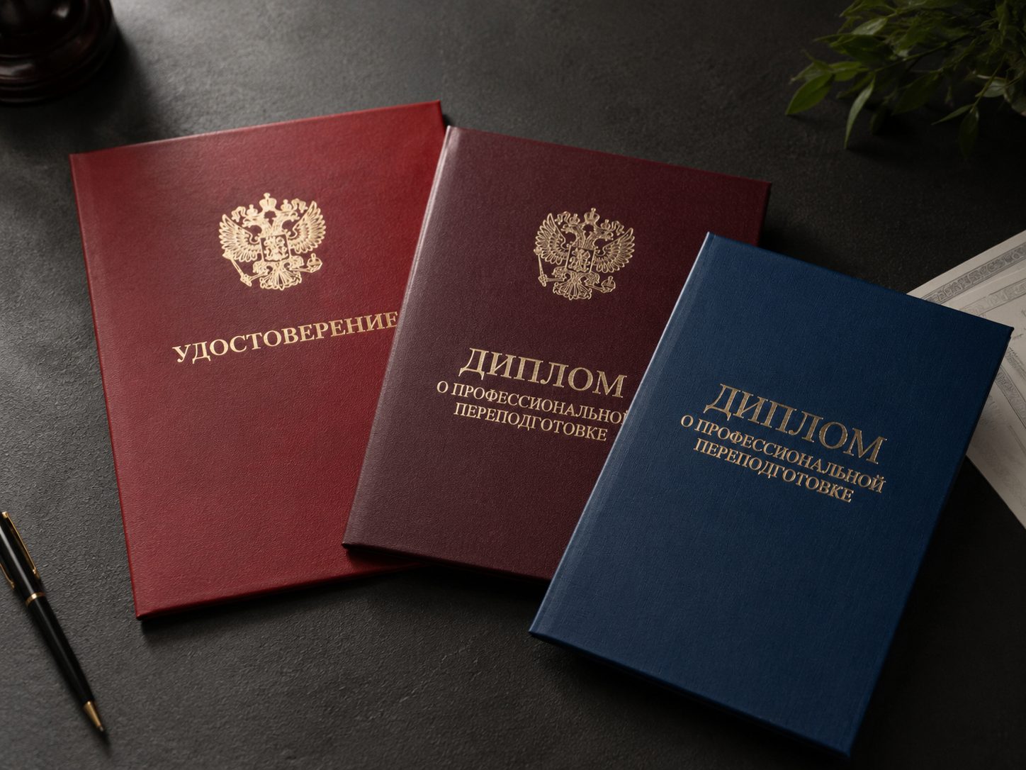 Три изделия в твёрдом переплёте на тёмном столе: красное удостоверение, бордовый и синий дипломы о профессиональной переподготовке с золотым тиснением герба
